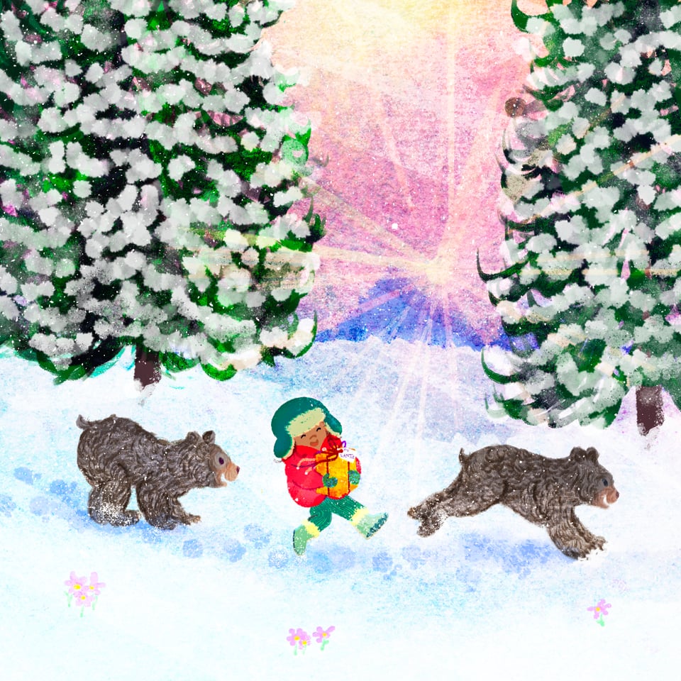 An illustration by Kip Alizadeh of a young girl and two bear cubs excitedly running across the winter snow, bringing a present to Santa