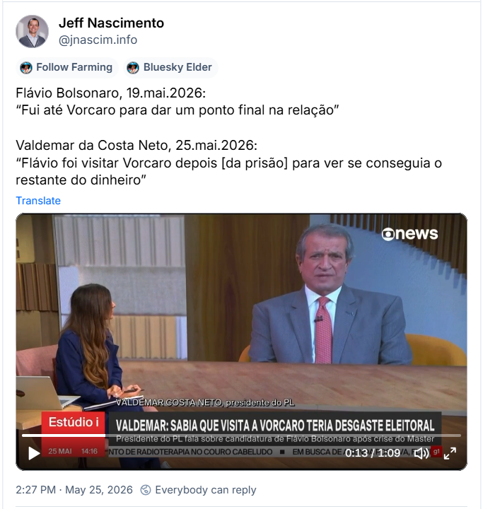 Post de Jeff Nascimento (‪@jnascim.info‬): Flávio Bolsonaro, 19.mai.2026:
“Fui até Vorcaro para dar um ponto final na relação”
Valdemar da Costa Neto, 25.mai.2026:
“Flávio foi visitar Vorcaro depois [da prisão] para ver se conseguia o restante do dinheiro” (video de parte de entrevista no Estudio I, na Globo News)