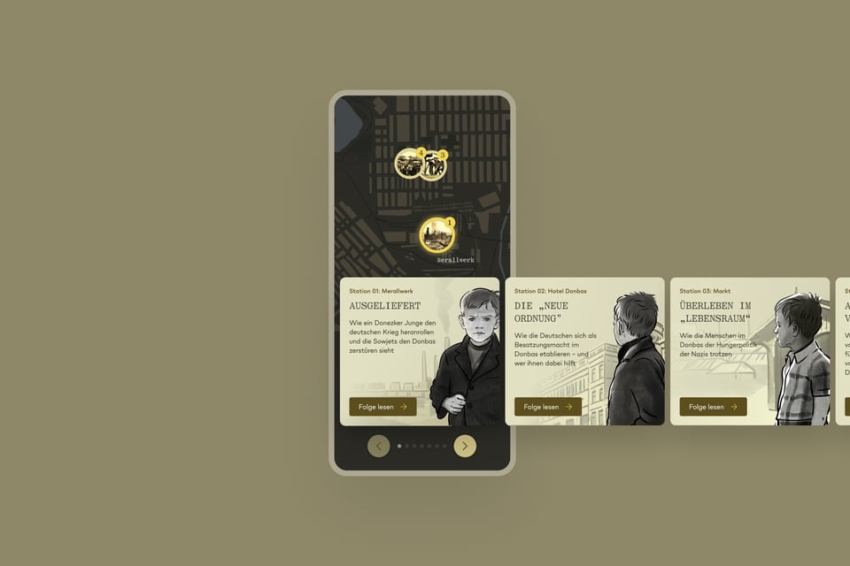 A screenshot of the mobile version of the site, with a horizontal carousel showing the story chapters