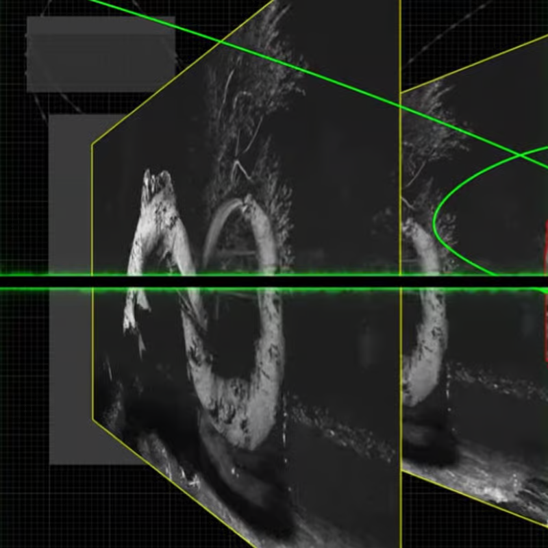 Real-time generative video still with a wireframe grid overlay, in the style of Geoffrey Lillemon's Oculart platform