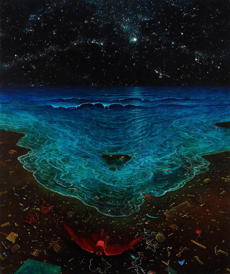 A painting by Beksinsky, depicting a beach of dark sand scattered with innumerable fragments (jewelry, a part of a painting, a flute, rocks, etc). A red owl/angel thing lies on its back on the beach.The ocean is irridescent in its flow, and countless stars and nebulae reside in the sky above.
