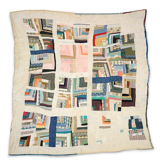 "Housetop"—"Half-Log Cabin" variation by Aolar Carson Mosely. c. 1950. Cotton clothing and unbleached muslin sacking, 75 x 75 inches. Click image to view source.