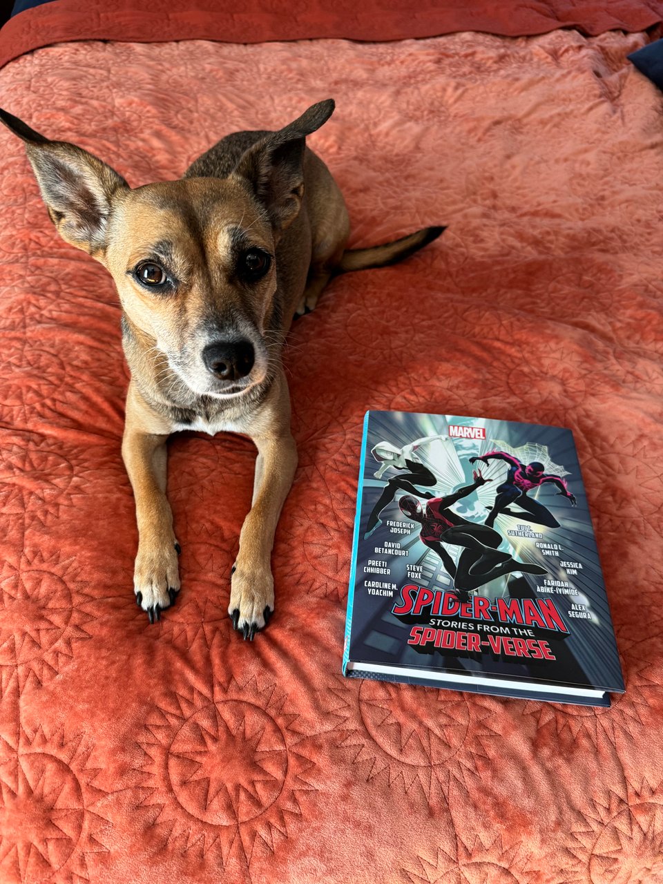 My dog Korra posing with a finished copy of the book.