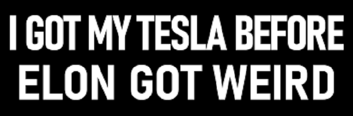A bumper sticker that says, "I got my Tesla before Elon got weird."