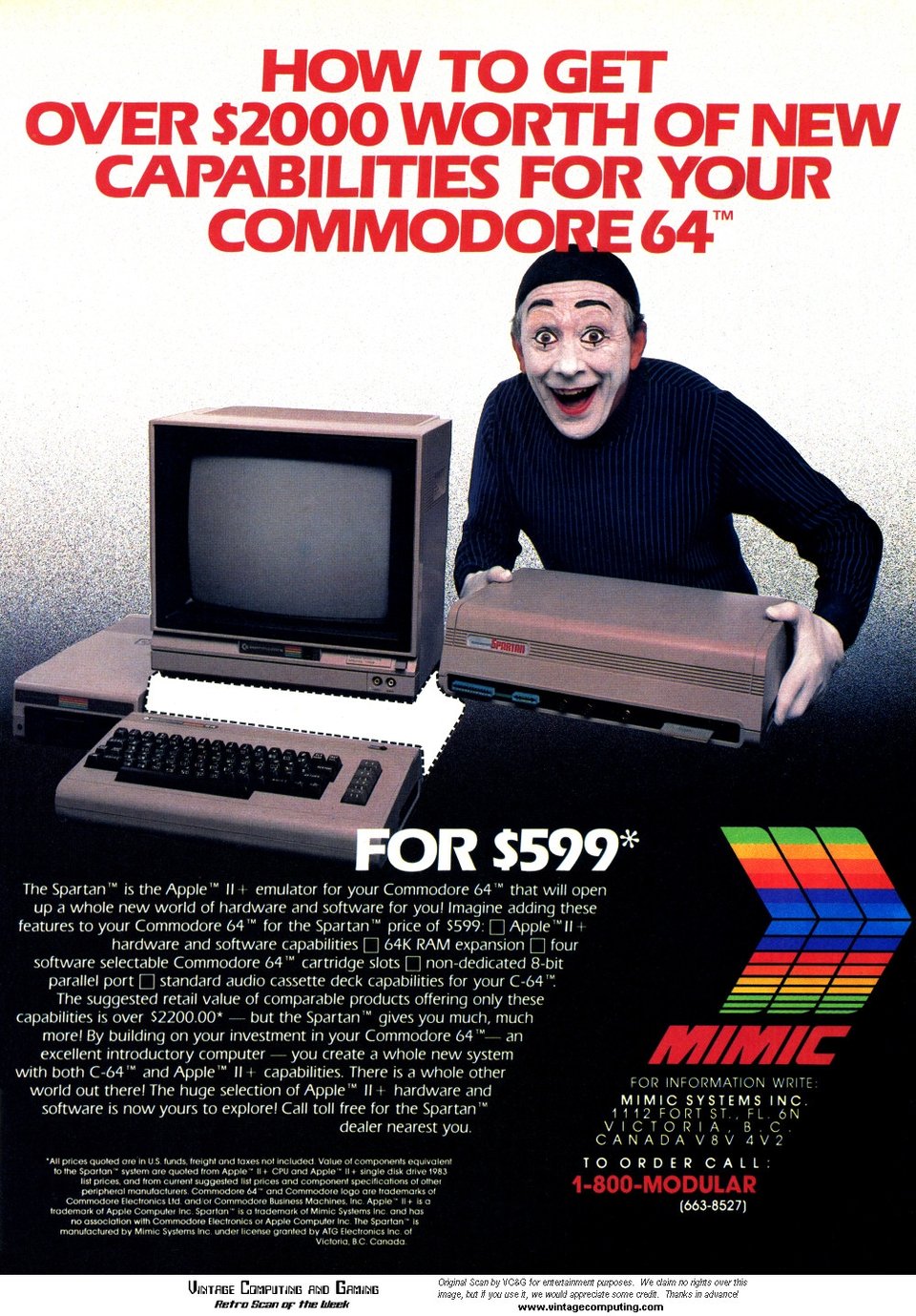 A mime holding the Spartan computer in his hands. Next to him is a Commodore 64, a 1541 drive, and a monitor with a big white space beneath it, where the Spartan is supposed to go.