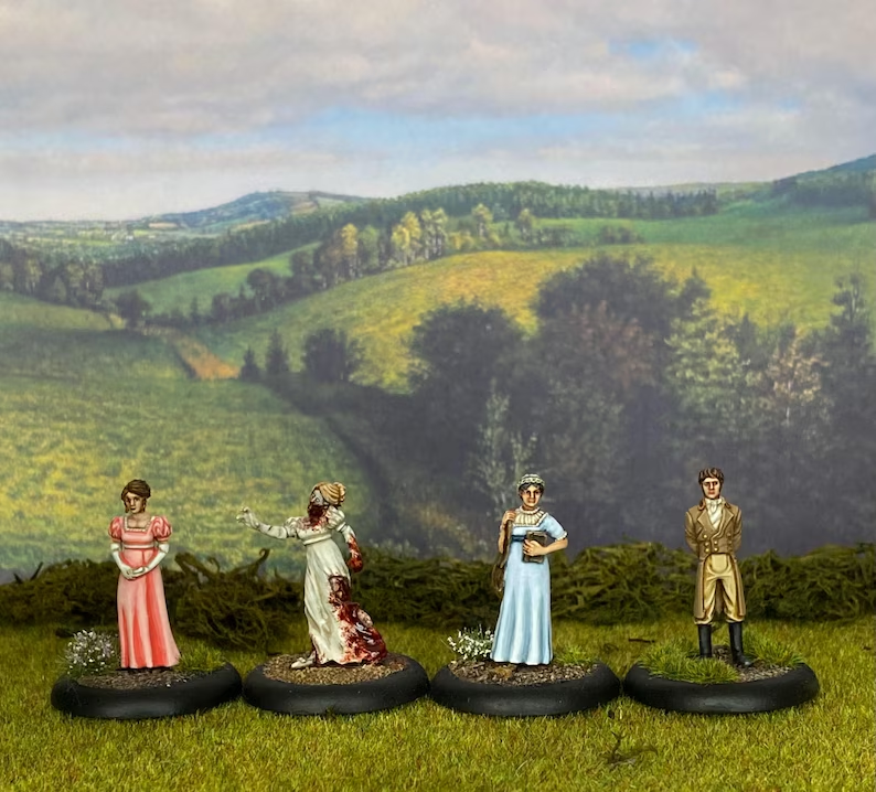 Four Regency Cthulhu miniatures pained and set against the rolling hills of England