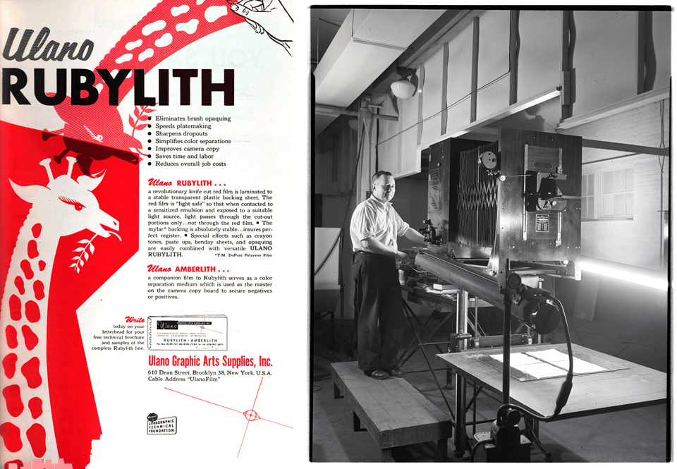 Side by side images. Left: An advertisement for the opaquing adhesive sheet material Rubylith, with an iillustration of a giraffe cut form the materail. At right, a photograph: Russ Johnson operating a photostat machine in the Dow Chemical Company's Photographic Laboratory, 1947