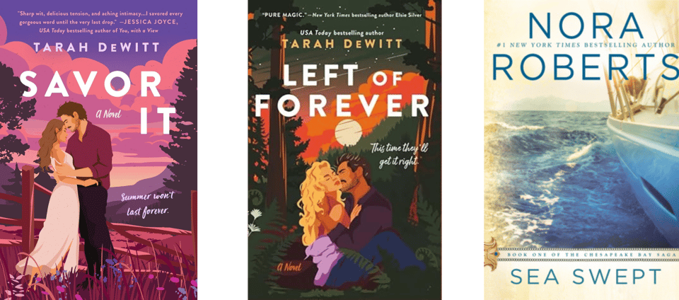 book covers for Savor It, Left of Forever, and Sea Swept