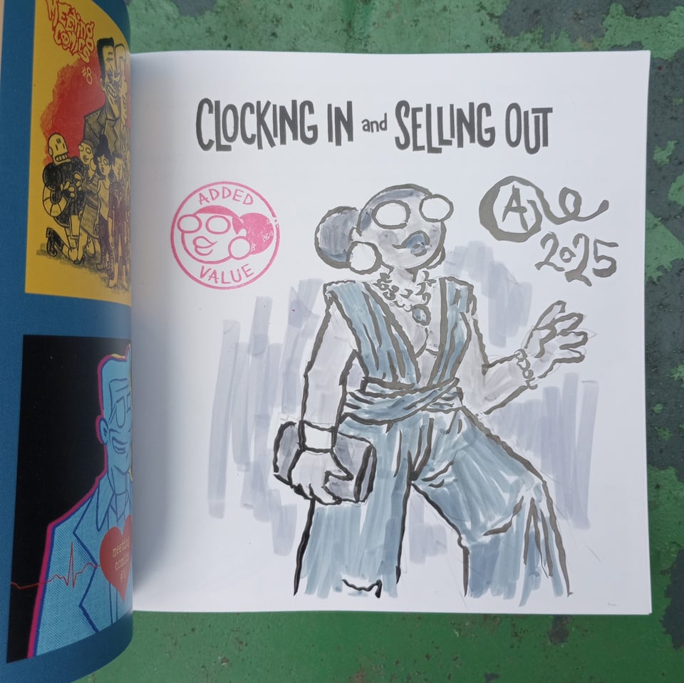 A drawing of Val in a fancy jumpsuit inside a copy of Clocking In and Selling Out.