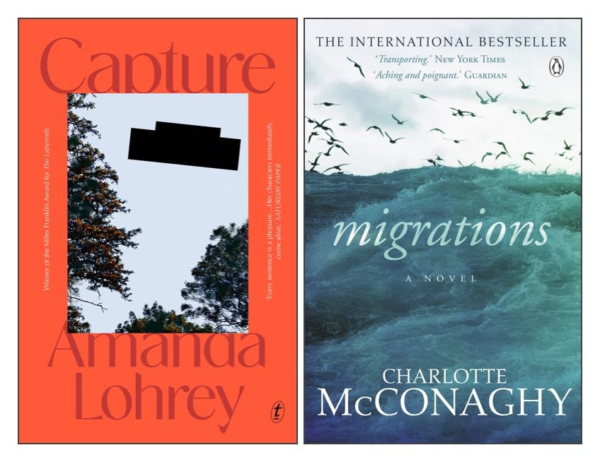 The covers of two books: Capture by Amanda Lohrey and Migrations by Charlotte McConaghy