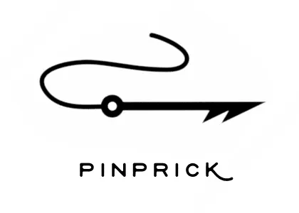 The logo for a tattoo parlor called The Pinprick, featuring a stylized harpoon.