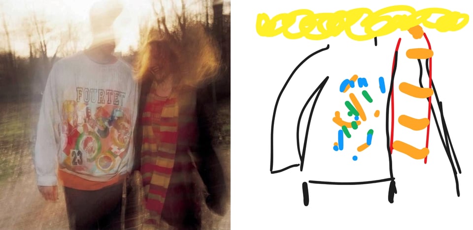 A blurry, smeary color photo of two young white people, a man and a woman, outside in a park-like environment, lit by a low sun. The man's face is too blurry to register, but he is wearing a white sweatshirt with FOUR TET written on it and some kind of photo collage. The woman has long blondish hair, and wears a jacket and striped scarf. She looks like she's laughing.