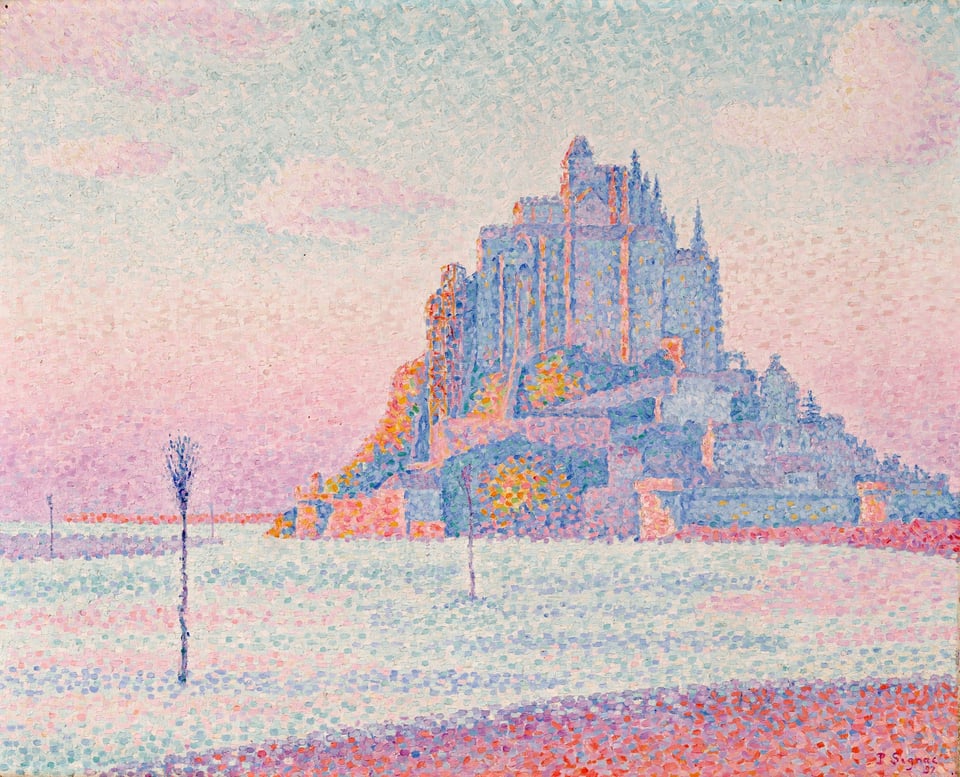 Mount Saint-Michel with a pink and orange sunset