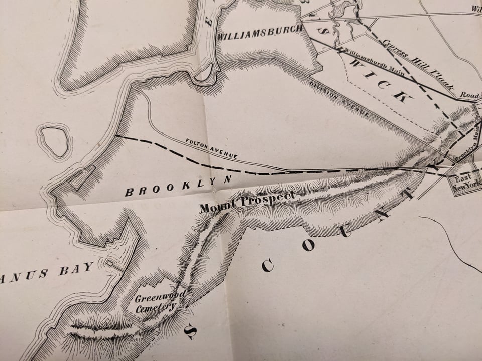 Map featuring the conduit and mains of the City of Brooklyn's water system, sometime in the 1860s or so.