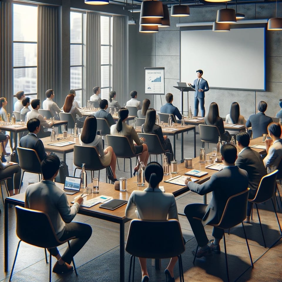 DALL·E 2024-02-27 14.15.07 - An image of a Filipino sales engineer giving a presentation to an audience in a less spacious, more intimate conference room. The audience is seated a.jpg