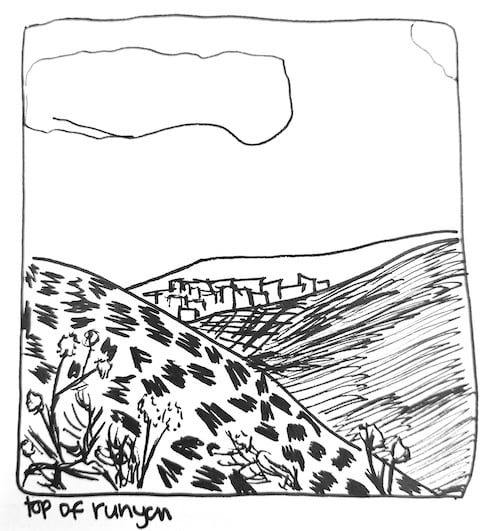 a drawing of a hill with a mountain in the background
