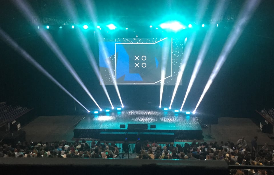 The stage at XOXO 2018, taken from kinda high up in the Moda Center because yeah the venue was heckin' big that year and it felt like it