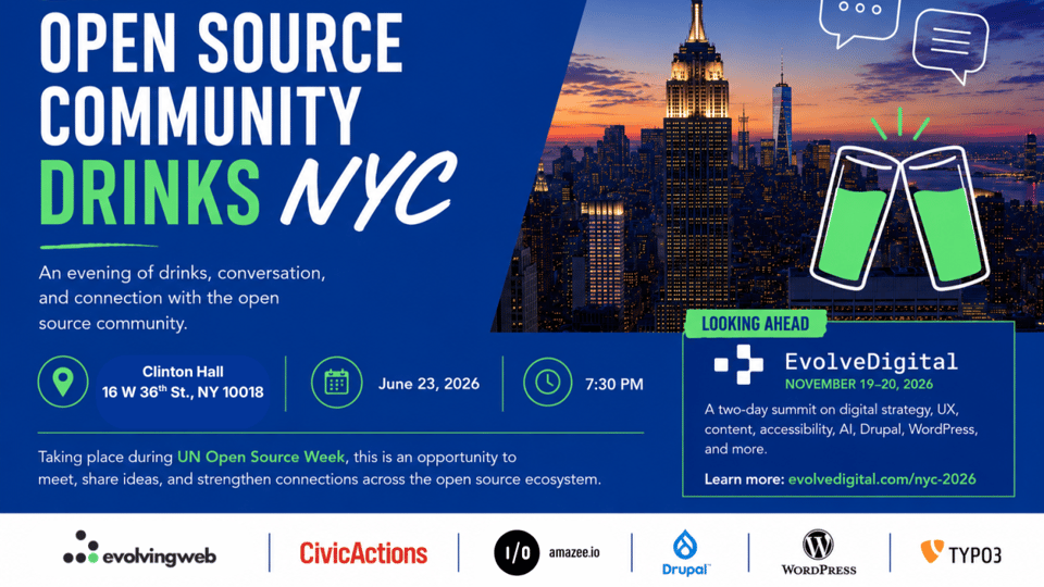 The event information graphic for Open Source Community Drinks with the event information and sponsor logs.