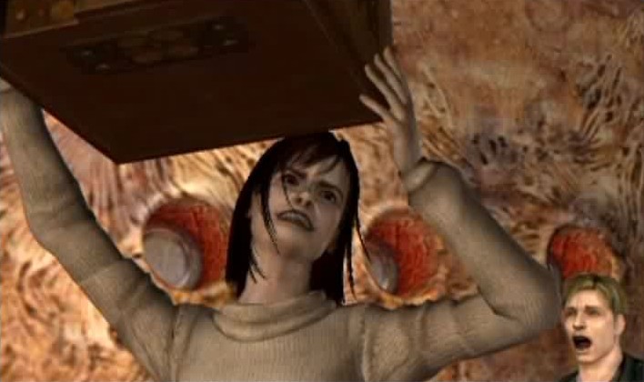 A very funny screencap of a woman holding a TV set over her head and a man looking shocked behind her