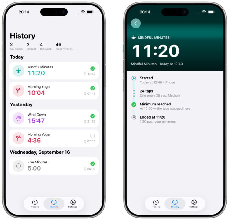 AtLeast Pro: History with streaks and quiet minutes, and a session's detail showing when the minimum was reached