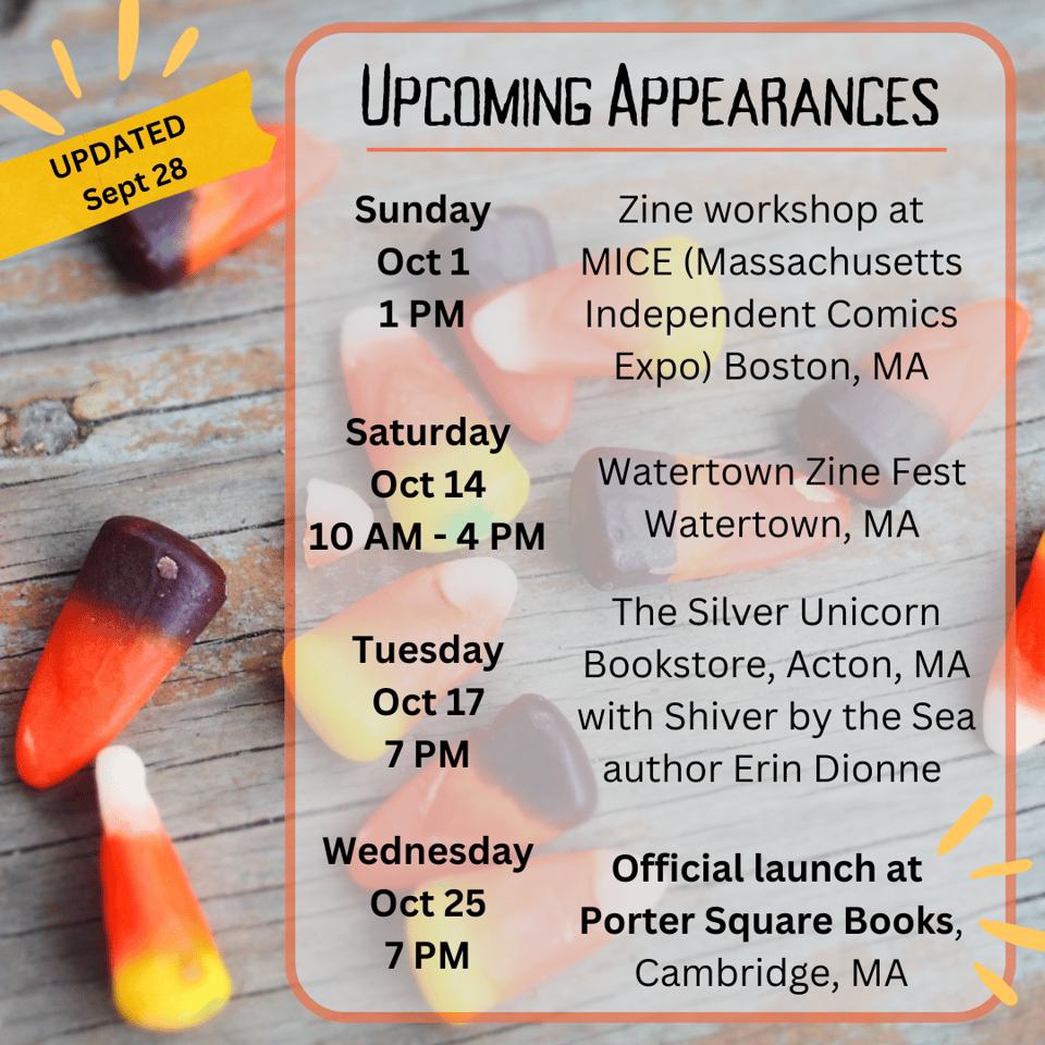 Background of cotton candy kernels on a wooden surface beside a list of dates and locations titled: Upcoming Appearances