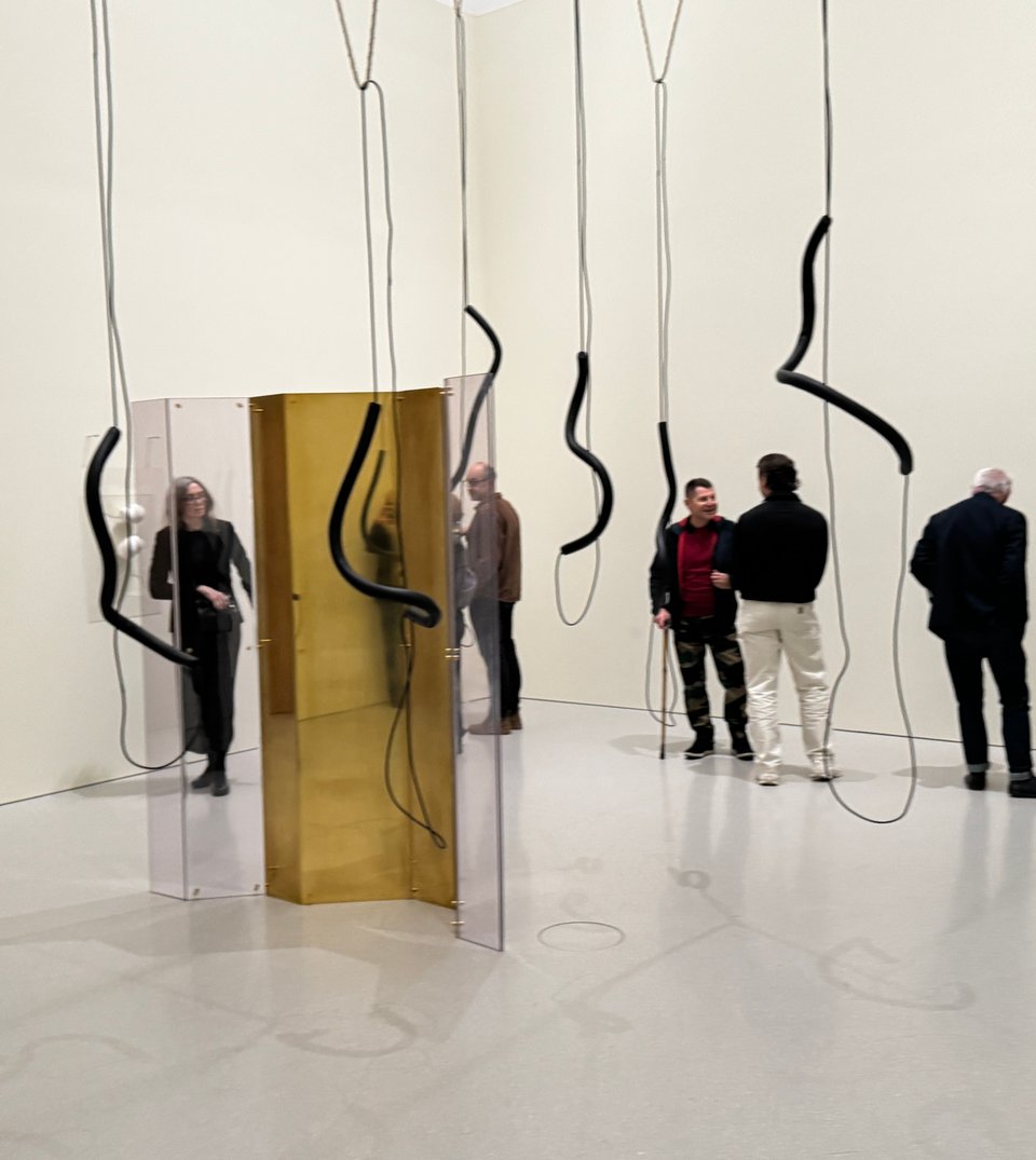People milling about at an opening in the Musuem of Modern Art in Warsaw. White walls and marble floors. Hanging tubular forms strung with black rope are suspended from the ceiling, and semi-transparent/mirrored free-standing folding partion occupies the left side side of image.
