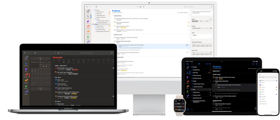 Various screenshots showing the OmniFocus 4 interface. From left to right: the desktop app in dark mode on a MacBook, the desktop/web light mode interface on a desktop Mac, the dark mode interface on an iPad, and the light mode interface on an iPhone
