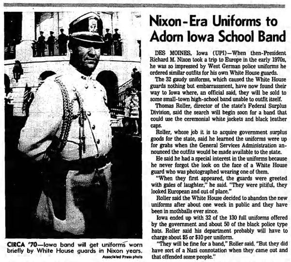 Newspaper clipping detailing the sale of royal guard uniforms to an Iowa school marching band.