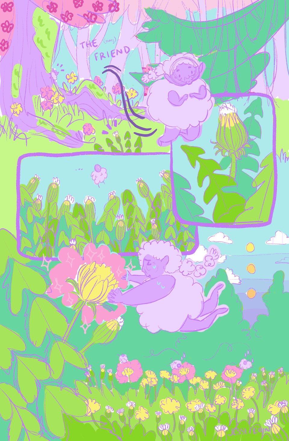 A bright and colorful comic page titled "The (tiny) Friend" in progress, showing a fluffy purple fairy using magic to open a field of dandelion flowers. It looks to be exhausting. The color palette is in bright greens, purples, and yellows.
