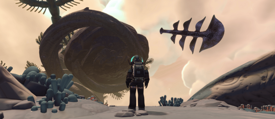 Screenshot of a person in a spacesuit with their back to the camera. The sky is light peach and a small dark and spotted xenoanimal with many fish fin-like wings can be seen flying.