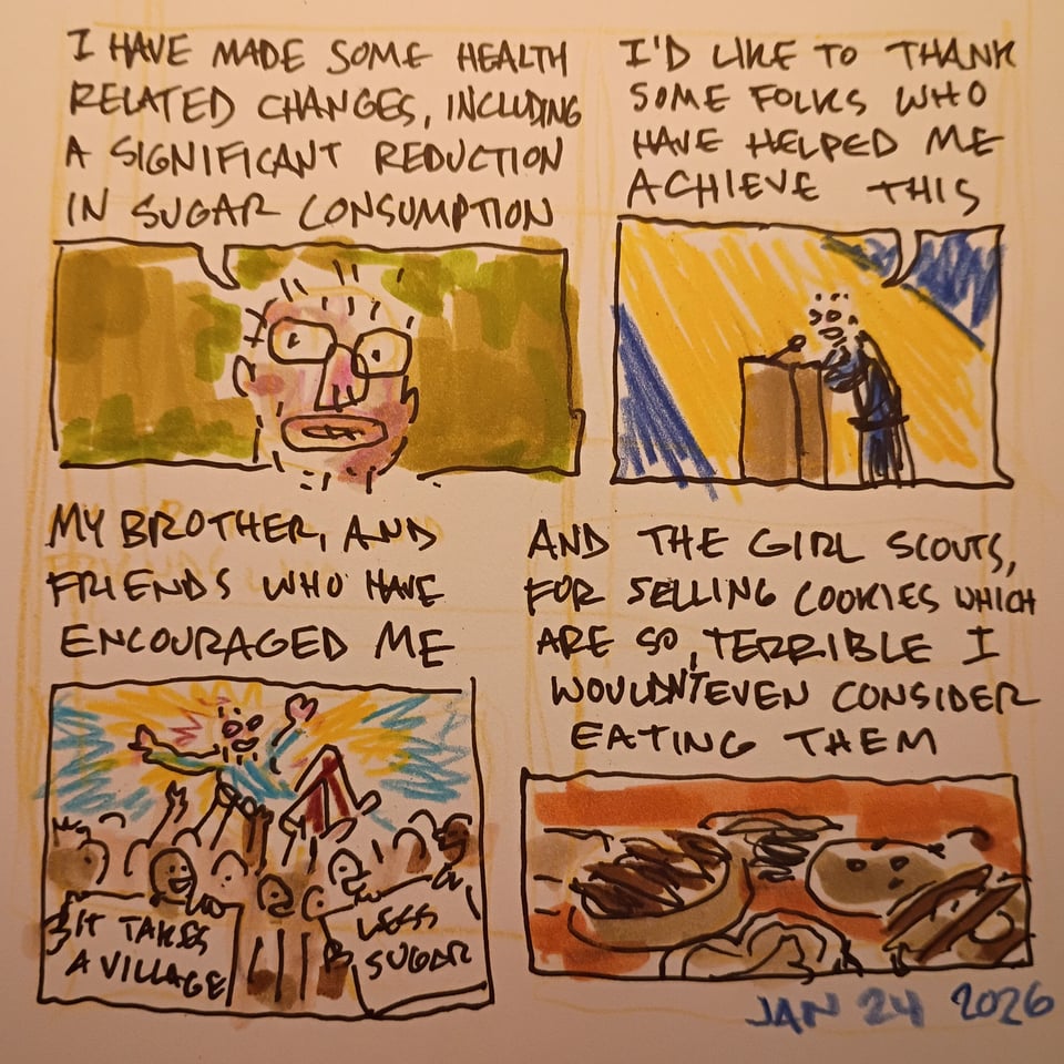 A diary comic. In it, I address the reader: I have made some health related changes, including a significant reduction in sugar consumption. I'd like to thank some folks who have helped me achieve this. My brother, and friends who have encouraged me. And the girl scouts, for selling cookies which are so terrible I wouldn't even consider eating them..