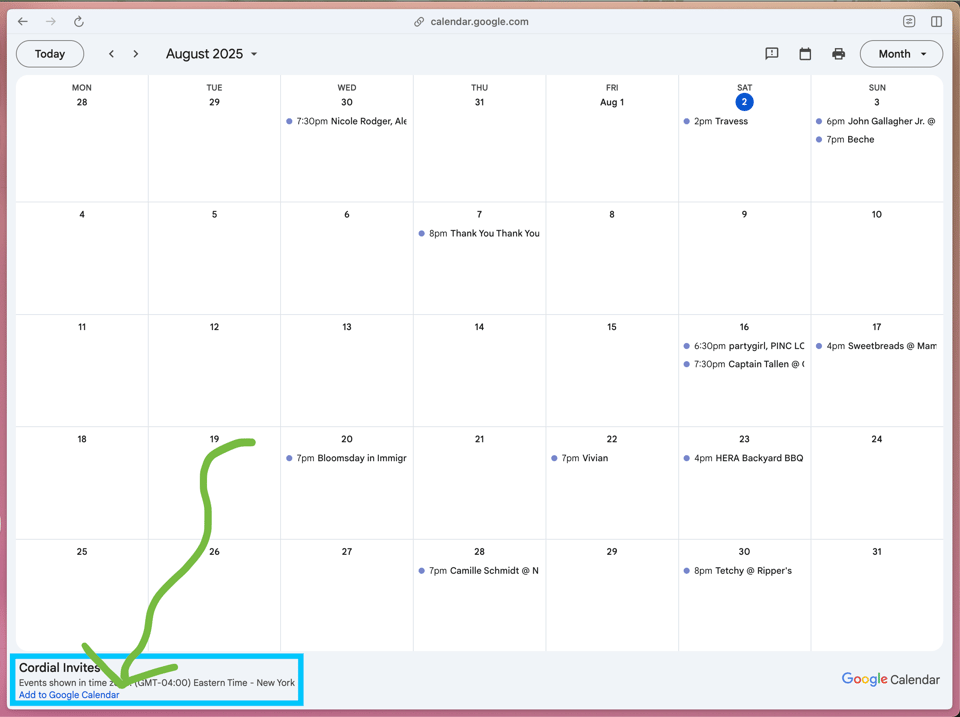 A screenshot of the calendar, with the "Add to google calendar" link in the bottom left corner highlighted