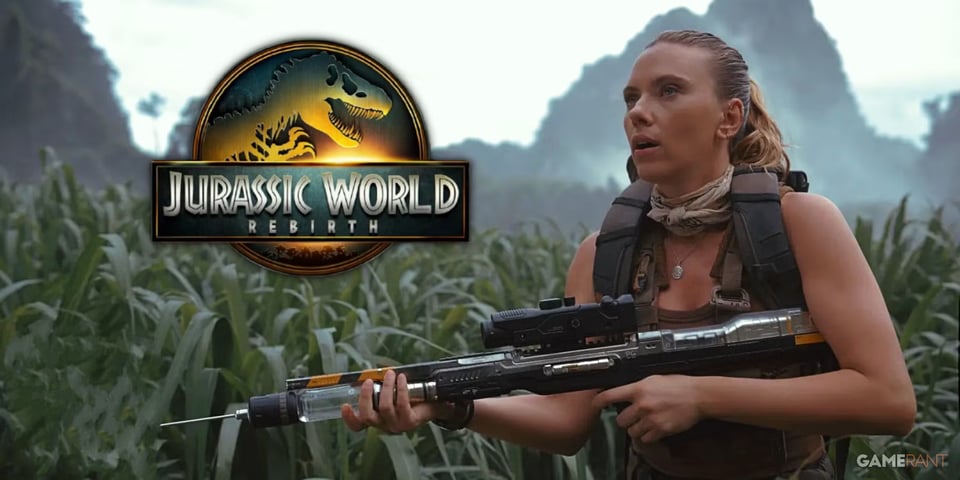 Scarlett Johanssen wearing tach gear stands in the midst of a lot of tall grass in a tropical rainforest-type setting holding a tranquilizer rifle, the Jurassic World: Rebirth logo floats in the air beside her