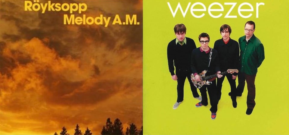 First pic: A shot of the sky, covered with swirling clouds. The sun is setting/rising at the bottom, and it paints the sky and clouds in various tones of orange, yellow, rust, and brown. The tops of a few trees poke up at the bottom of the image. Second pic: A color photo of the band Weezer on a bright green background. The band is a quartet of four white men, dressed in nice polite sweaters and dress shirts. The camera is above them, and they look up at it. One of the men (bandleader Rivers Cuomo) is slightly forward of the other three and hold a guitar.