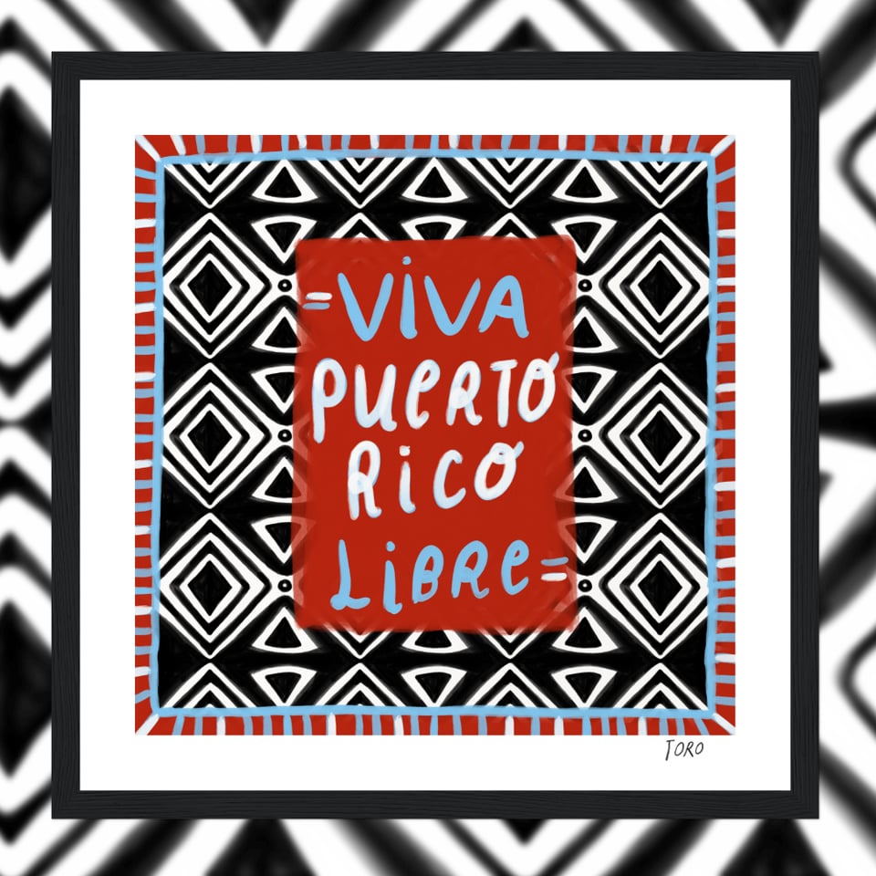 Framed Illustration of a black and white geometric Taino pattern. Handwritten text reads "Viva Puerto Rico Libre". On a colorful blurred background.