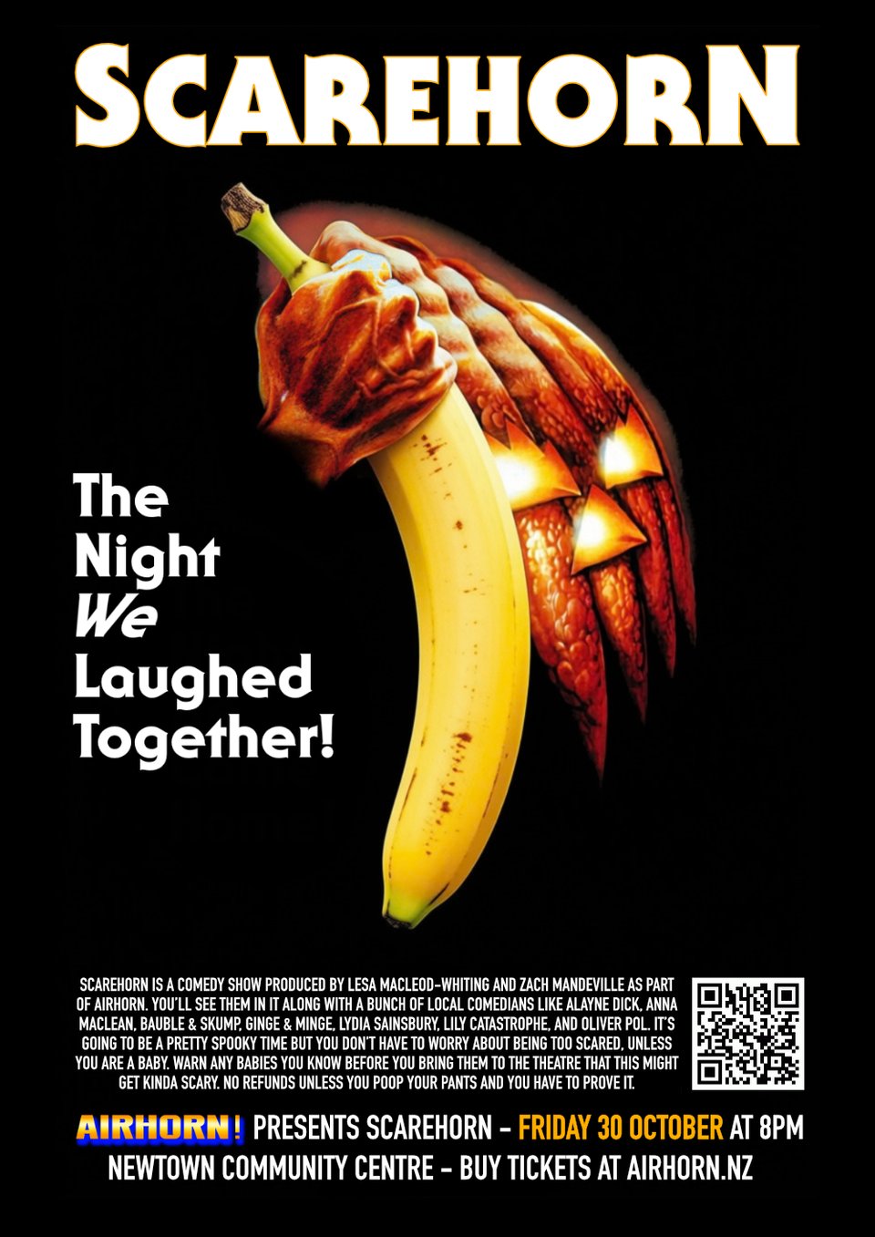 parody of original halloween film poster, SCAREHORN at top, and a jack o lantern looking menacing and holding a banana like a knife