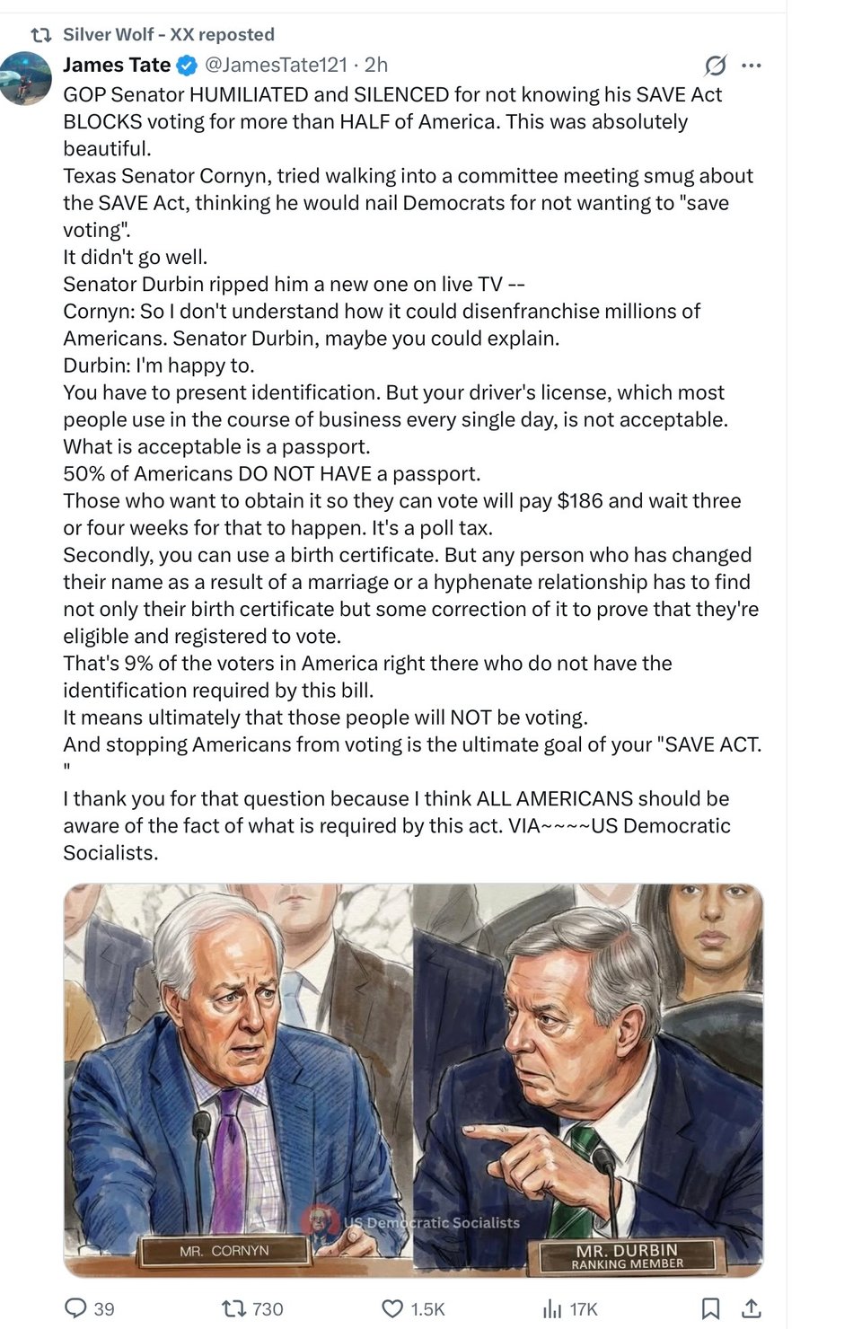 A Democratic Senator gave Cornyn a lesson in voting.