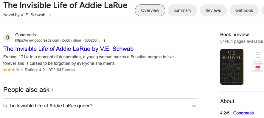 The Google result for The Invisible Life of Addie LaRue by V.E. Schwab, prominently including its 4.2 rating on Goodreads