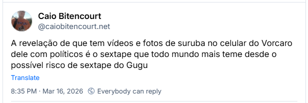 Post de Caio Bitencourt (@caiobitencourt.net) :
A revelação de que tem vídeos e fotos de suruba no celular do Vorcaro dele com políticos é o sextape que todo mundo mais teme desde o possível risco de sextape do Gugu
