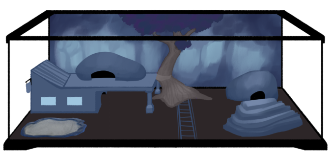 An inspired landscape rendering, within the frame of a Gecko tank.