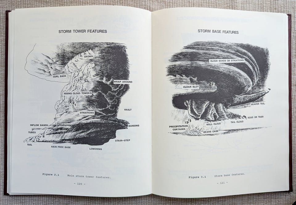 An open spread of Storm Talk, showing an illustration on the left labeled "storm tower features" and one on the right labeled "storm base features."