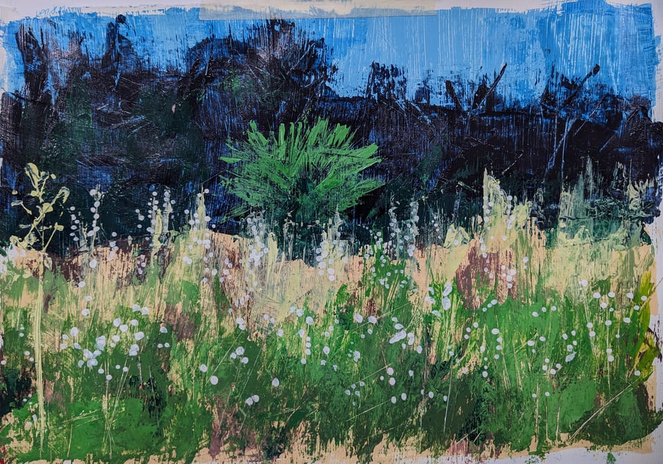 Painting of a landscape with a palmetto in the distance