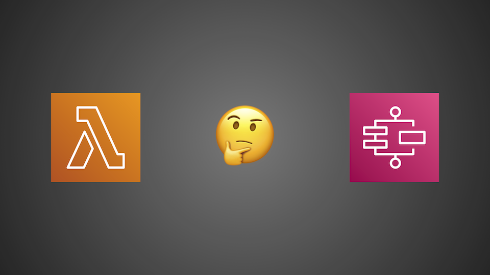 AWS Lambda and Step Function service logos with the thinking emoji