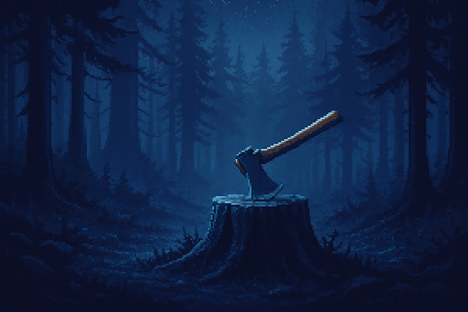Dark blue tone pixel art image of an axe buried in a stump in a forest