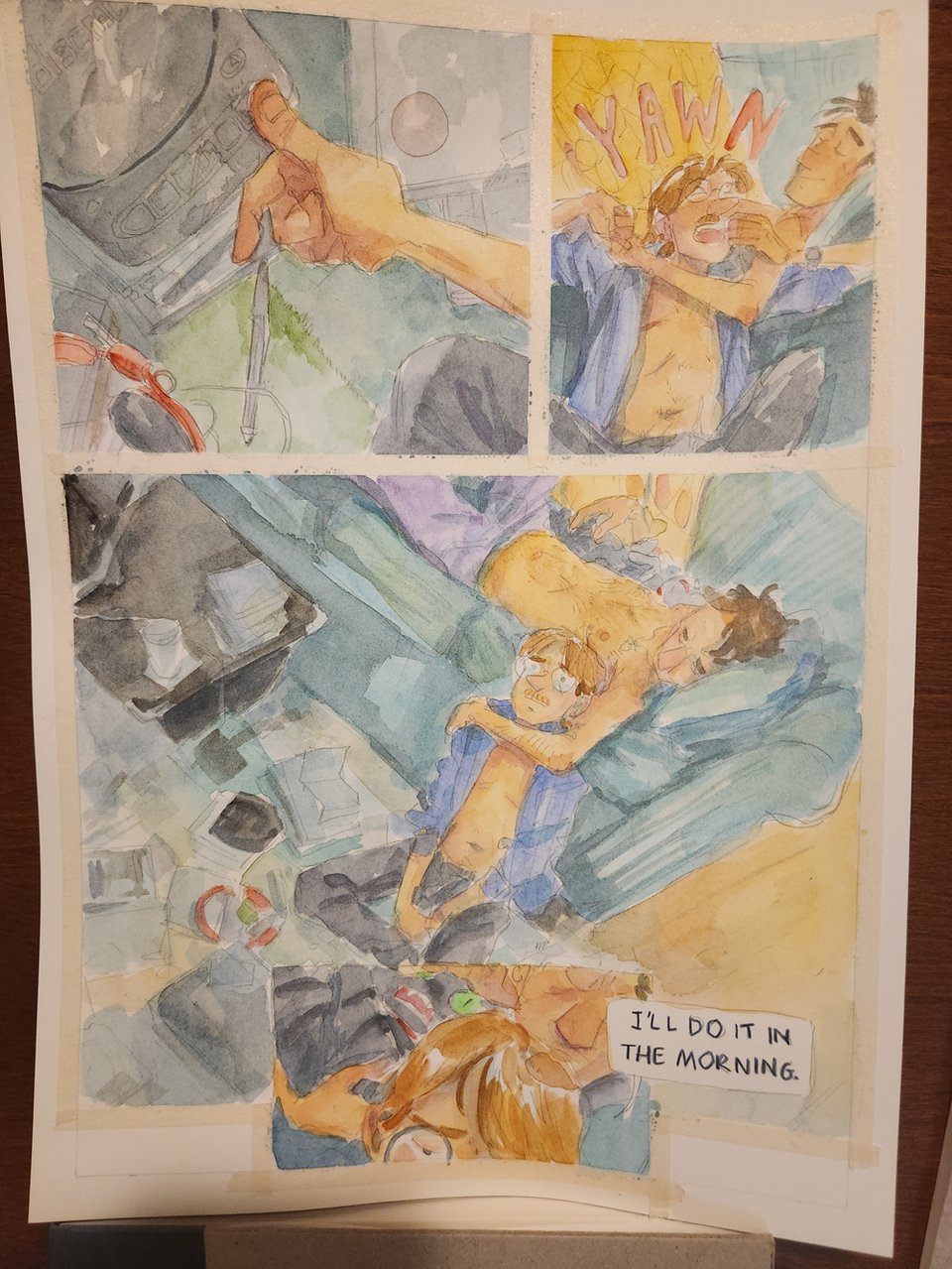 An in-progress picture of a watercolour comic page.