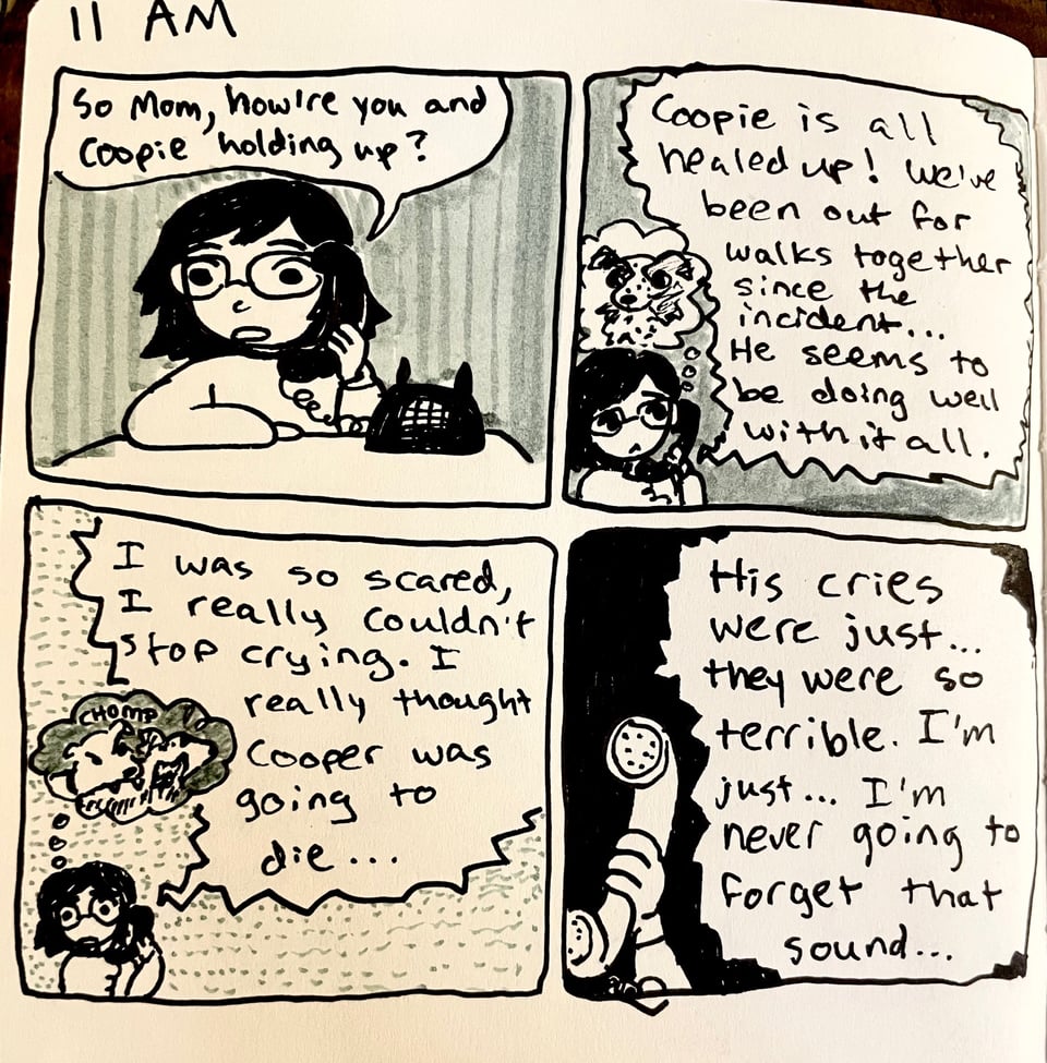 11 AM comic about talking to my mom on the phone while she recounts her scary experience of our dog Cooper being attacked by another dog (they're both okay!)