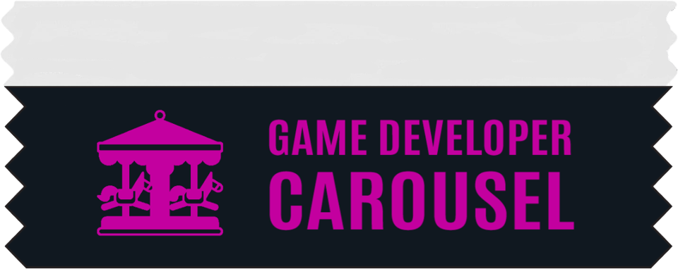 A badge ribbon in black with pink line art of the Game Developer Carousel logo, with the words Game Developer Carousel next to the logo.