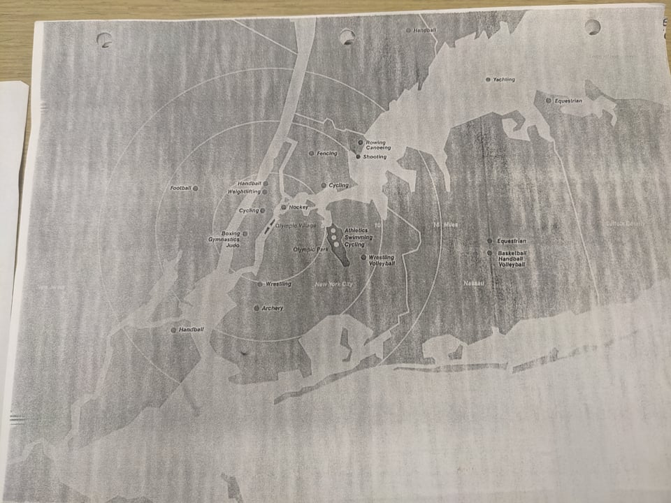 A photocopied map of venues for the 1984 Olympic bid in New York City, with concentric circles representing distance from midtown Manhattan.