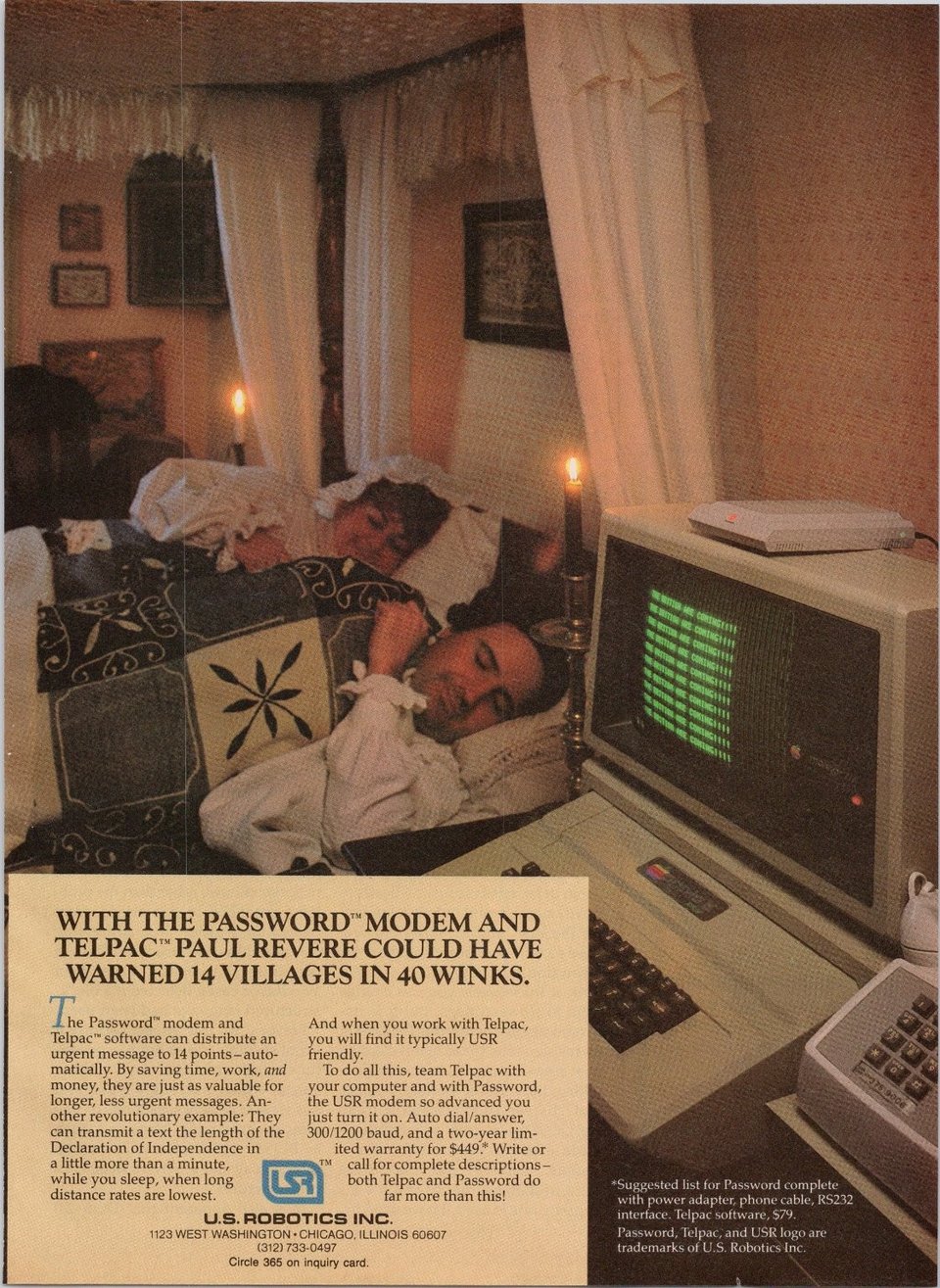 A man and woman asleep in bed, the setting is meant to be late 1700s but there is a computer on a bedside table and the monitor is displaying "The British are coming!"