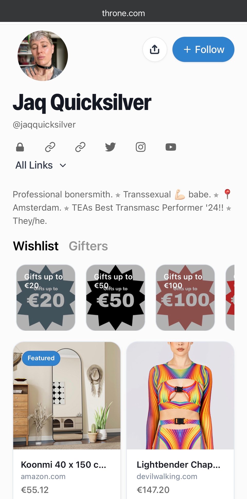 Screenshot of Jaq's Throne wishlist showing price categories as well as a few recent wishes.
